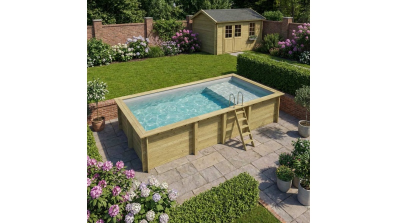 Piscine AQUA 7 x 3.75 - H.1.45 m avec plage, gris clair, fixations à visser