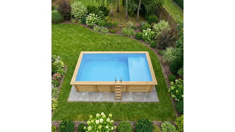 Piscine AQUA 7 x 3.75 - H.1.45 m avec plage, bleu pâle, cadre en métal - sans dalle