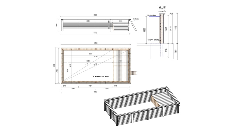 Piscine AQUA 8.5 x 4.35 - H.1.45 m avec plage, gris clair, fixations à visser