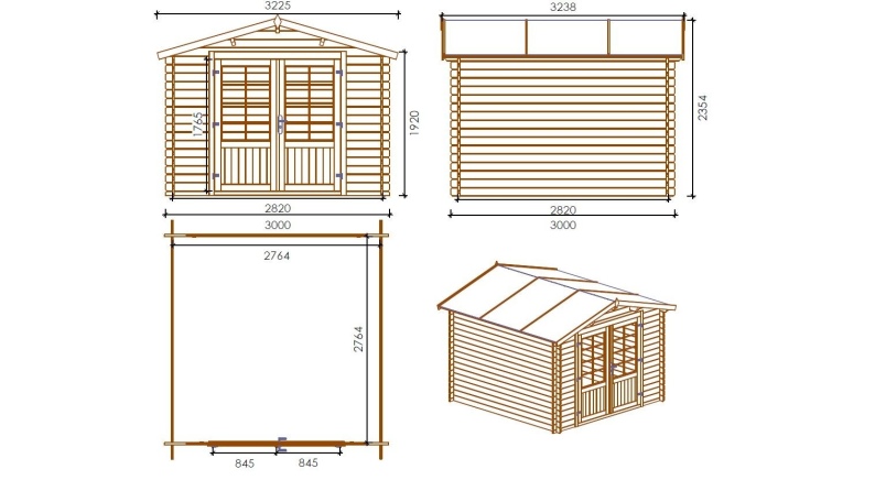 Abri de jardin en bois - 3x3 m + terrasse avec balustrade et avant-toit en bois - 15 m2 - Traité