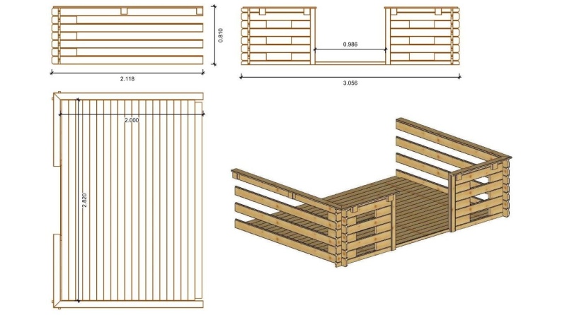 Abri de jardin en bois - 3x3 m + terrasse avec balustrade et avant-toit en bois - 15 m2 - Traité