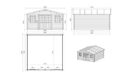 Abri de jardin en bois - 25m2 - 5x5m - Ep. 40mm - Couleur: naturel