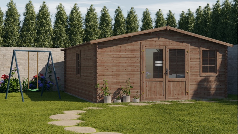 Abri de jardin en bois - 25m2 - 5x5m - Traité - Ep. 28mm - Couleur: marron