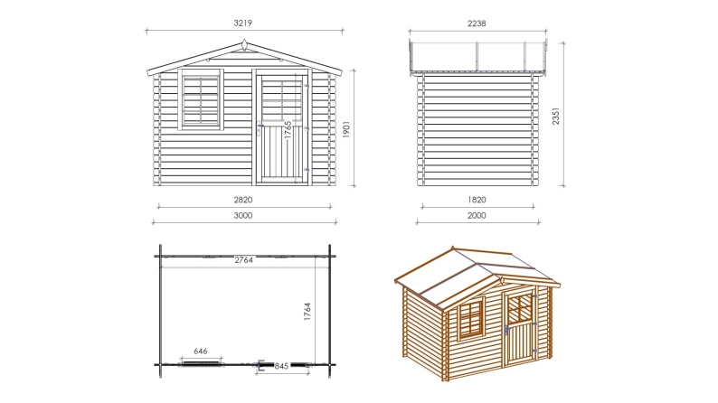 Abri de jardin en bois - 6m2 - 3x2m - Ep. 28mm - Couleur: naturel