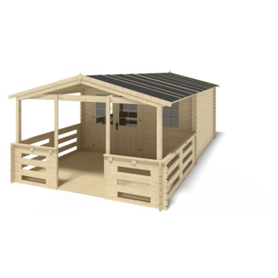 Abri de jardin en bois - 4x4 m + terrasse avec balustrade et avant-toit en bois - 28 m2