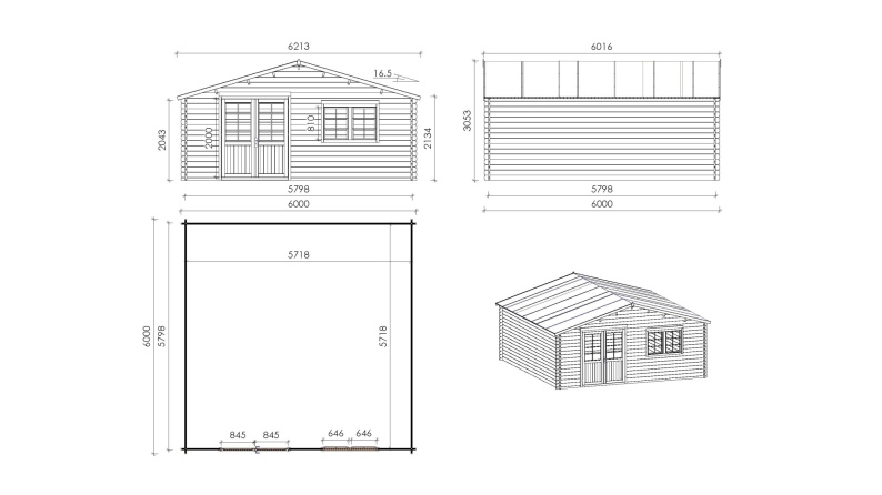 Abri de jardin en bois - 6x6 m + terrasse avec balustrade et avant-toit en bois - 48 m2
