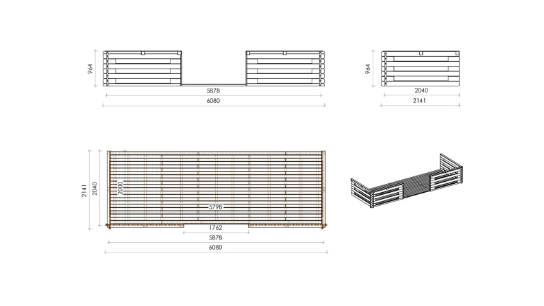 Abri de jardin en bois - 6x6 m + terrasse avec balustrade et avant-toit en bois - 48 m2