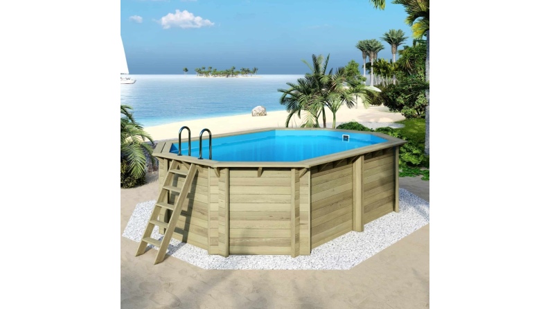 Piscine en bois NEMO 5.79 x 3.49 - H.1.45 m, bleu pâle, cadre en métal - sans dalle