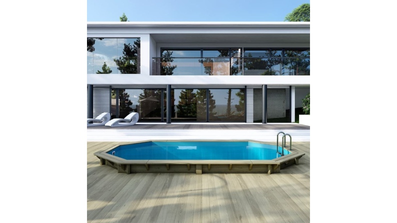 Piscine en bois NEMO 5.79 x 3.49 - H.1.45 m, bleu pâle, cadre en métal - sans dalle