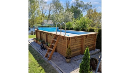 Piscine en bois AQUA 7 x 3.75 - H.1.45 m, bleu pâle, fixations à visser