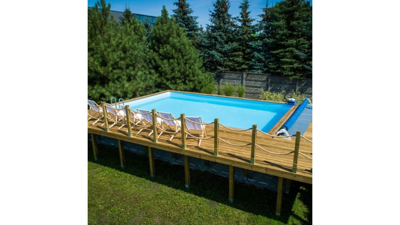 Piscine en bois AQUA 8.5 x 4.35 - H.1.45 m, gris clair, cadre en métal - sans dalle