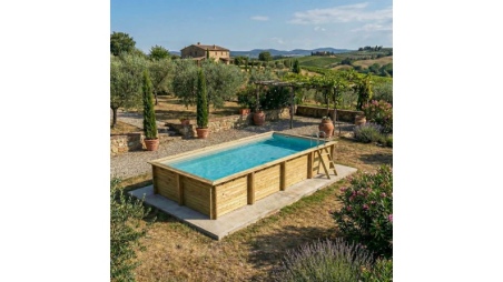Piscine en bois AQUA 8.5 x 4.35 - H.1.45 m, sable, cadre en métal - sans dalle