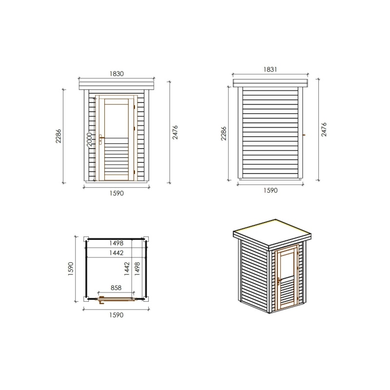 Abri de jardin en bois Mira 1.59x1.59m - 2.53m2 - Ep. 28mm - Traité