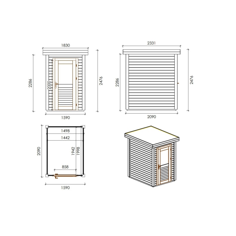 Abri de jardin en bois Mira 1.59x2.09m - 3.32m2 - Ep. 28mm - Traité