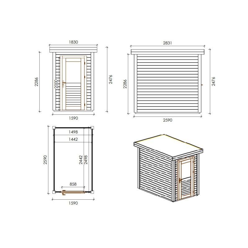 Abri de jardin en bois Mira 1.59x2.59m - 4.12m2 - Ep. 28mm - Traité