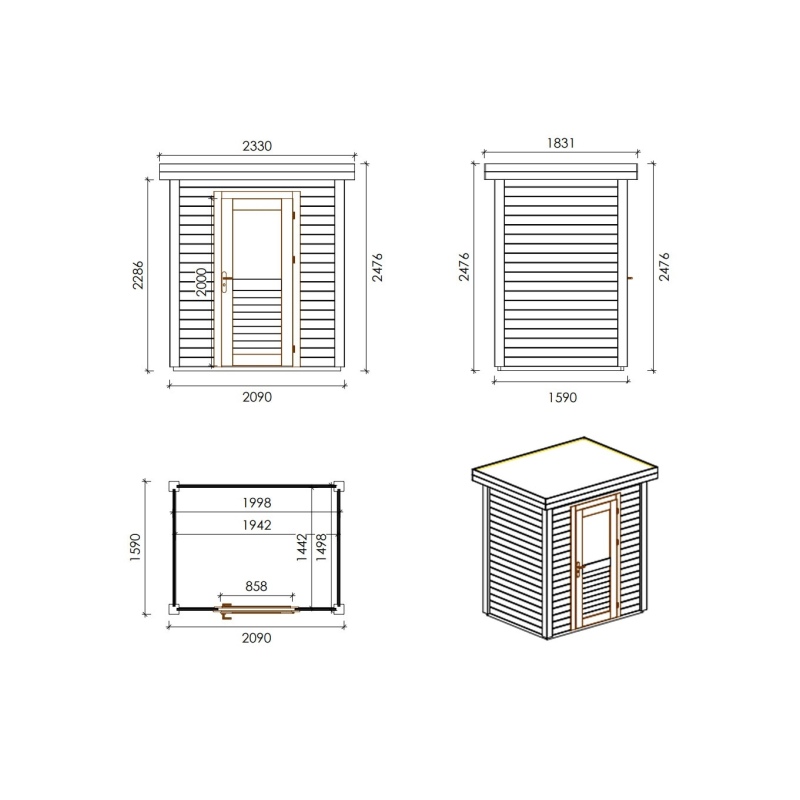 Abri de jardin en bois  2.09x1.59m - 3.32m2 - Ep. 28mm - Traité