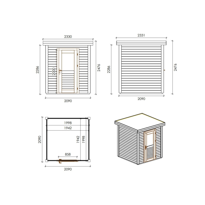 Abri de jardin en bois  2.09x2.09m - 4.37m2 - Ep. 28mm - Traité