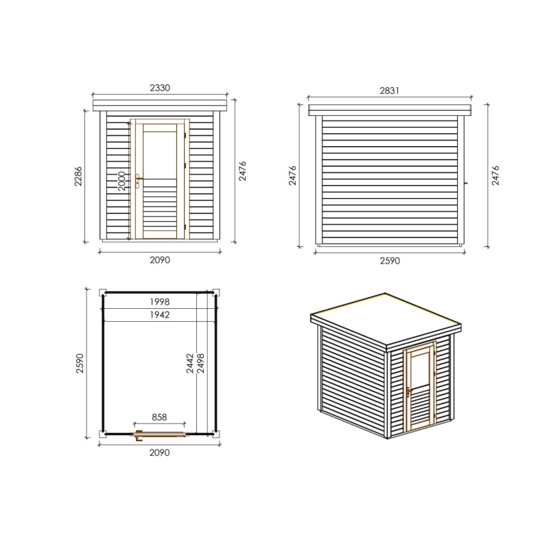 Abri de jardin en bois Vala 2.09x2.59m - 5.41m2 - Ep. 28mm - Traité