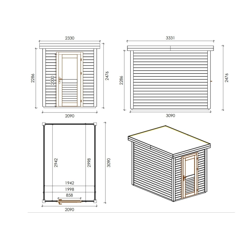 Abri de jardin en bois Vala 2.09x3.09m - 6.46m2 - Ep. 28mm - Traité