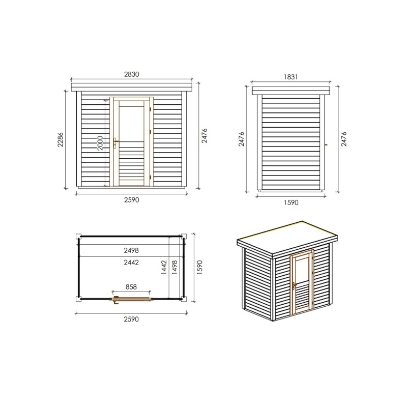 Abri de jardin en bois Rava 2.59x1.59m - 4.12m2 - Ep. 28mm - Traité