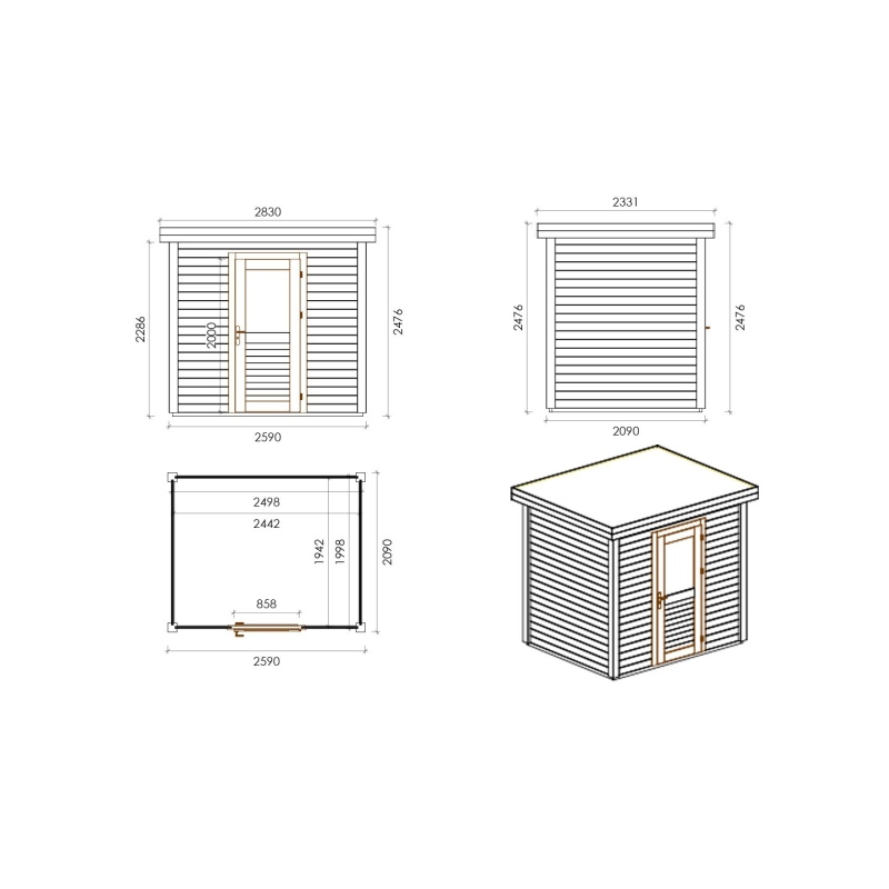 Abri de jardin en bois Rava 2.59x2.09m - 5.41m2 - Ep. 28mm - Traité