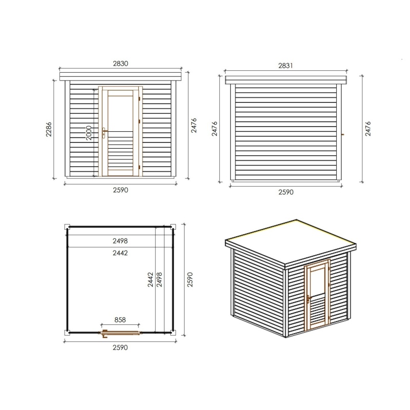 Abri de jardin en bois Rava 2.59x2.59m - 6.71m2 - Ep. 28mm - Traité