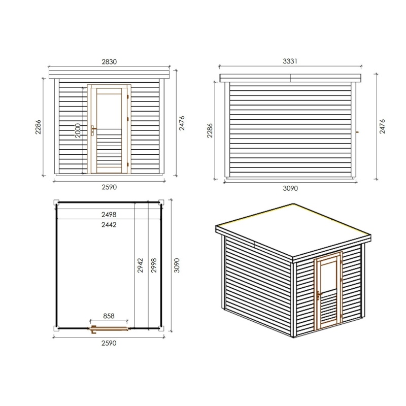 Abri de jardin en bois  2.59x3.09m - 8m2 - Ep. 28mm - Traité