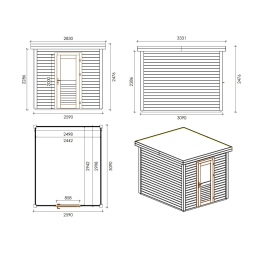 Abri de jardin en bois  2.59x3.09m - 8m2 - Ep. 28mm - Traité
