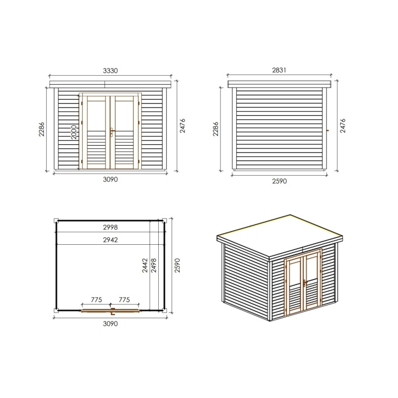 Abri de jardin en bois  3.09x2.59m - 8m2 - Ep. 28mm - Traité