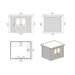Abri de jardin en bois  3.09x2.59m - 8m2 - Ep. 28mm - Traité