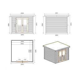 Abri de jardin en bois  3.09x3.09m - 9.55m2 - Ep. 28mm - Traité