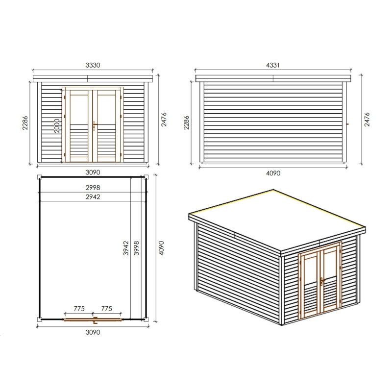 Abri de jardin en bois Aura 3.09x4.09m - 12.64m2 - Ep. 28mm - Traité