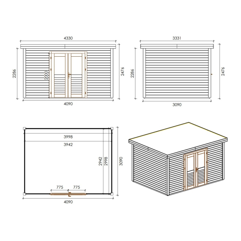 Abri de jardin en bois Freya 4.09x3.09m - 12.64m2 - Ep. 28mm - Traité