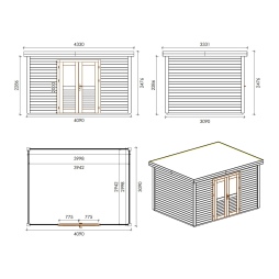 Abri de jardin en bois Freya 4.09x3.09m - 12.64m2 - Ep. 28mm - Traité