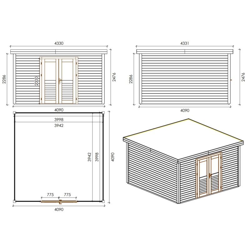 Abri de jardin en bois Freya 4.09x4.09m - 16.73m2 - Ep. 28mm - Traité