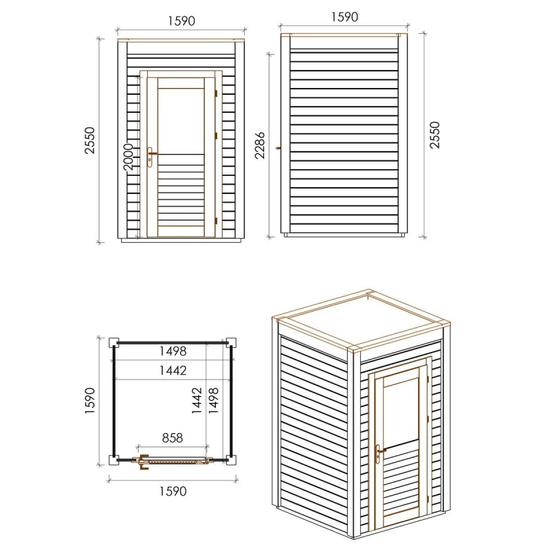 Abri de jardin en bois Veya 1.59x1.59m - 2.53m2 - Ep. 28mm - Traité