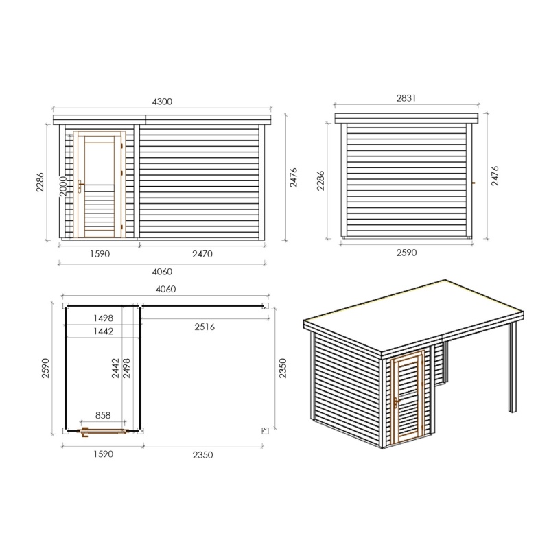 Abri de jardin en bois Mira 4.06x2.59m - 10.51m2 - Ep. 28mm - Traité