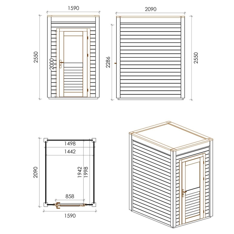Abri de jardin en bois Veya 1.59x2.09m - 3.32m2 - Ep. 28mm - Traité