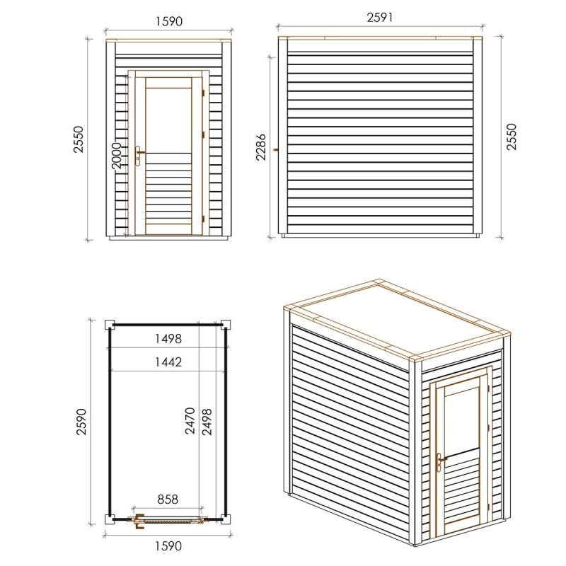 Abri de jardin en bois  1.59x2.59m - 4.12m2 - Ep. 28mm - Traité