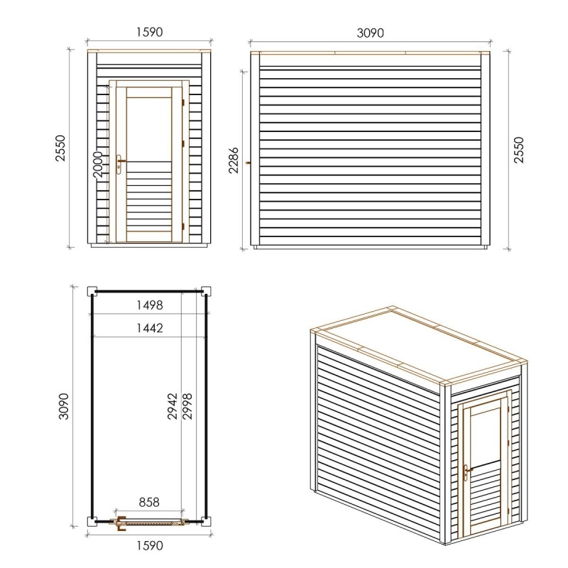 Abri de jardin en bois  1.59x3.09m - 4.91m2 - Ep. 28mm - Traité