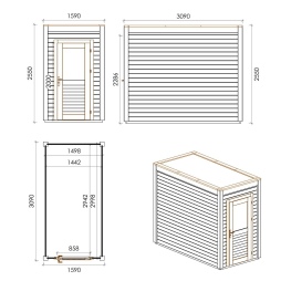 Abri de jardin en bois  1.59x3.09m - 4.91m2 - Ep. 28mm - Traité