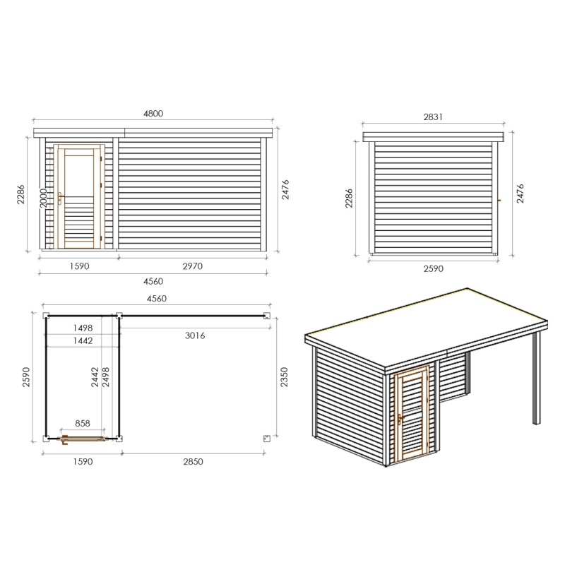 Abri de jardin en bois Mira 4.56x2.59m - 11.81m2 - Ep. 28mm - Traité