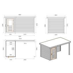 Abri de jardin en bois Mira 4.56x2.59m - 11.81m2 - Ep. 28mm - Traité