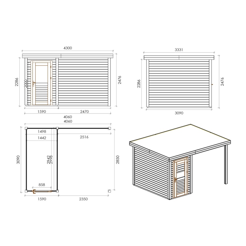 Abri de jardin en bois Mira 1.59x3.09m - 12.54m2 - Ep. 28mm - Traité