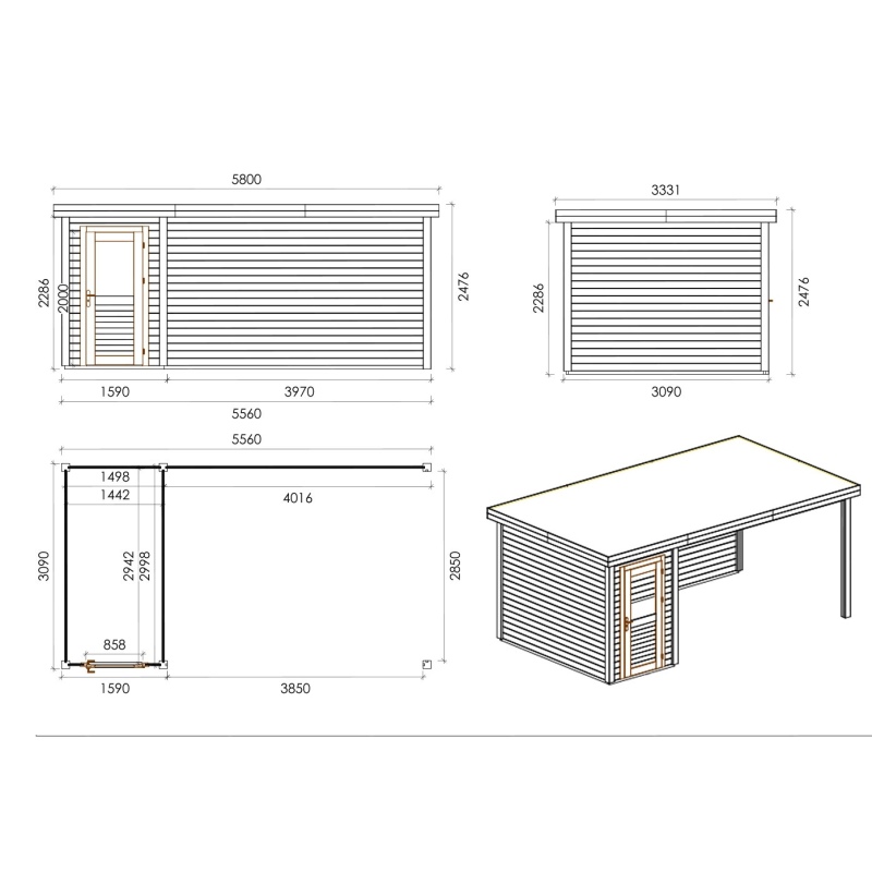 Abri de jardin en bois Mira 1.59x3.09m - 17.18m2 - Ep. 28mm - Traité