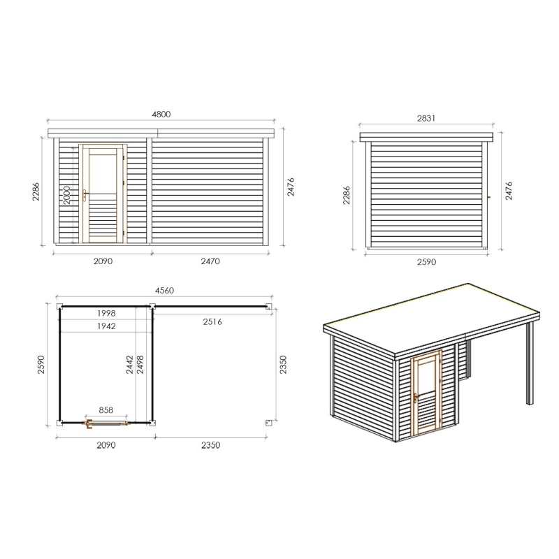 Abri de jardin en bois Vala 2.09x2.59m - 11.81m2 - Ep. 28mm - Traité