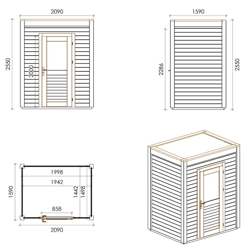 Abri de jardin en bois Luma 2.09x1.59m - 3.32m2 - Ep. 28mm - Traité
