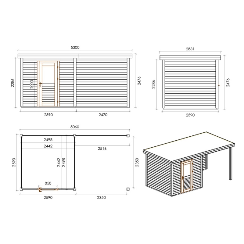 Abri de jardin en bois Rava 5.06x2.59m - 13.1m2 - Ep. 28mm - Traité