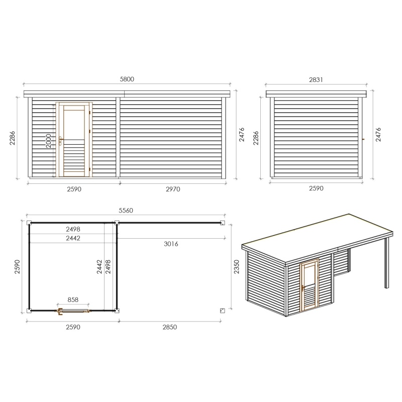 Abri de jardin en bois Rava 2.59x2.59m - 14.4m2 - Ep. 28mm - Traité