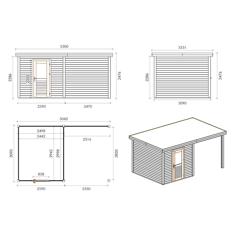 Abri de jardin en bois Rava 5.06x3.09m - 15.63m2 - Ep. 28mm - Traité